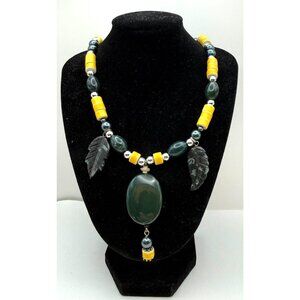 Statement Necklace Green Stone Leaf Carvings Yellow Beads Silver Tone Artisan